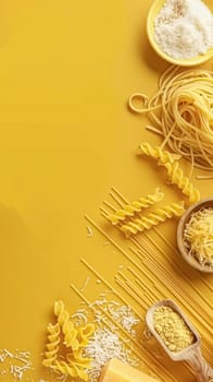 Pasta recipe preparation flatlay background with ingredients, spaghetti, olive oil, garlic, tomatoes and spices in the kitchen, homemade food recipe idea