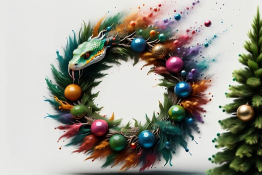 Christmas tree wreath with green snake .