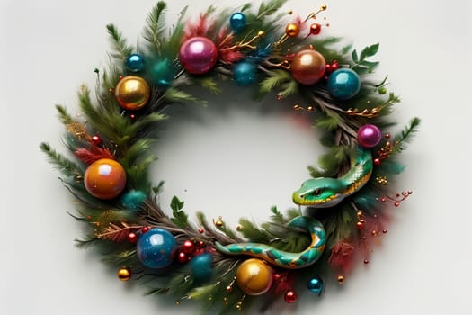 Christmas tree wreath with green snake .