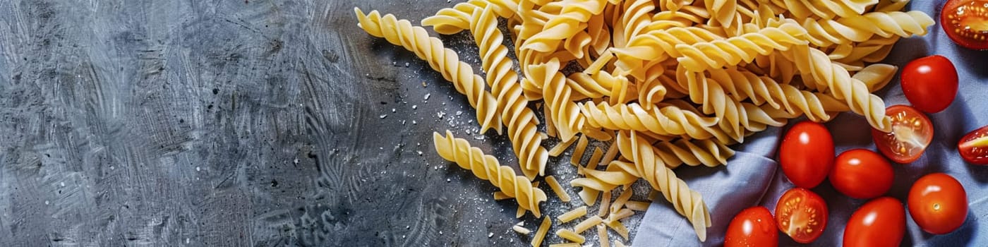 Pasta recipe preparation flatlay background with ingredients, spaghetti, olive oil, garlic, tomatoes and spices in the kitchen, homemade food recipe idea