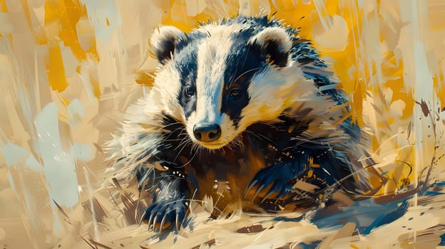 An illustration of a terrestrial animal, a badger, with its fur blending into the grassy landscape. The snout is detailed, making it appear lifelike in the painting