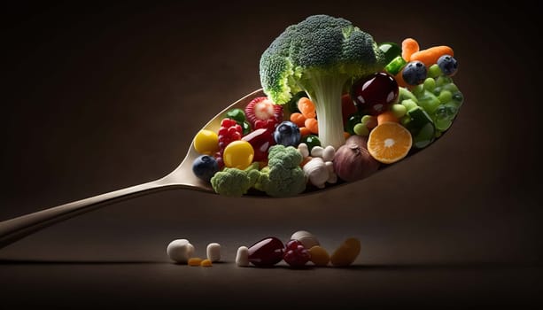 spoon full of supplements on the background of vegetables, fruits. Generative AI,