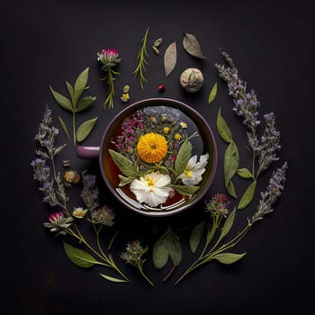 Tea with herbs and flowers in a cup top view. Generative AI,