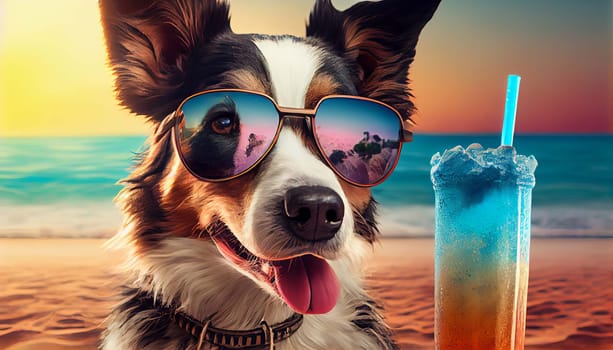 Dog on the beach with a cocktail. Generative AI,