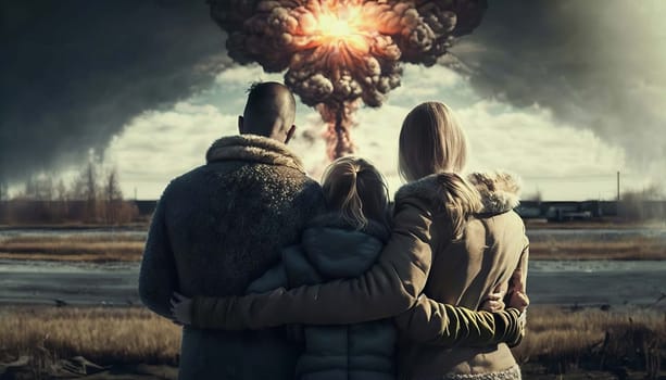 The family stands with their backs looking at a nuclear explosion. Generative AI,