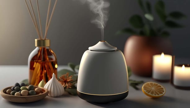 Aroma oil diffuser on the table against the backdrop of the bedroom interior. Generative AI,