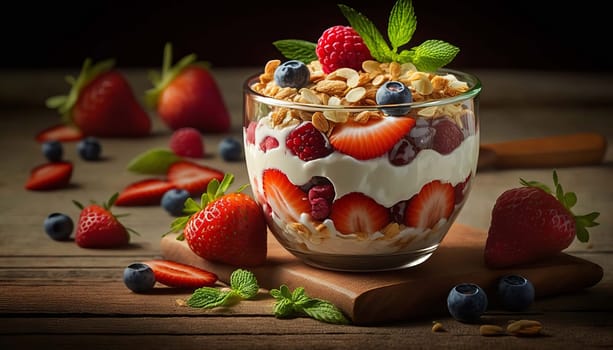Yogurt with a mixture of berries, strawberries and muesli. Generative AI,