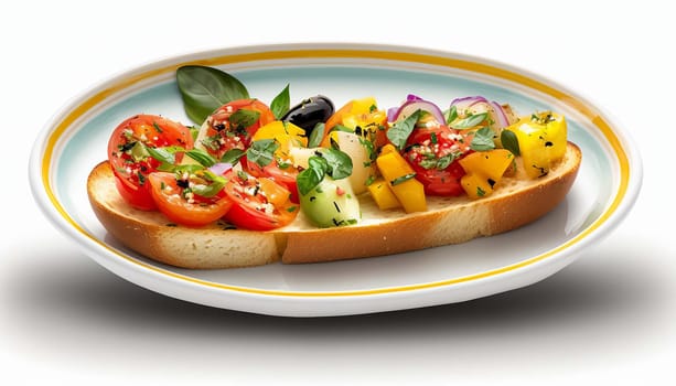 Bruschetta with tomatoes and basil on a plate isolate on a white background. Generative AI,