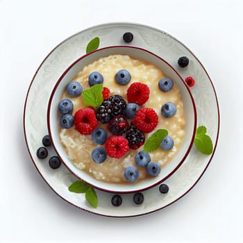 Healthy breakfast porridge with berries on a plate isolate on a white background. Generative AI,