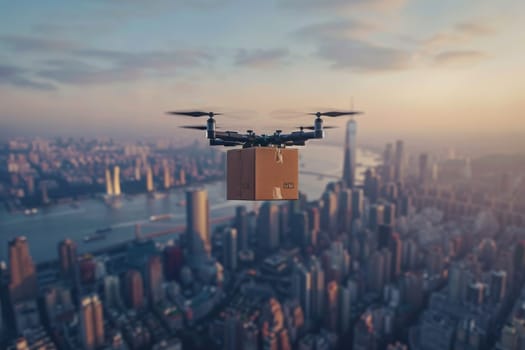 A drone is flying over a city with a box on it. Logistic concept.