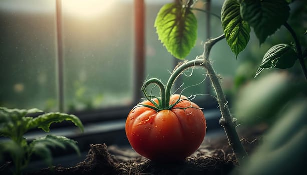 Tomatoes on a branch in a greenhouse. Generative AI,