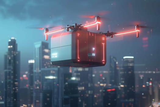 A drone is flying over a city with a box on it. Futuristic Logistic concept.