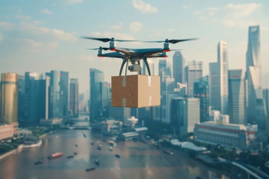 A drone is flying over a city with a box on it. Logistic concept.