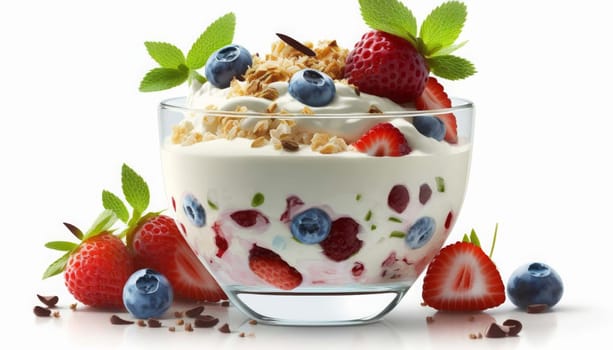 Yogurt with a mixture of berries, strawberries and muesli, isolate on a white background. Generative AI,