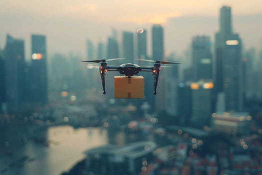 A drone is flying over a city with a box on it. Logistic concept.