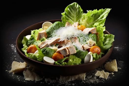caesar salad with chicken studio photo of products, dark black background. Generative AI,