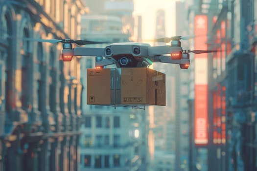 A drone is flying over a city with a box on it. Logistic concept.