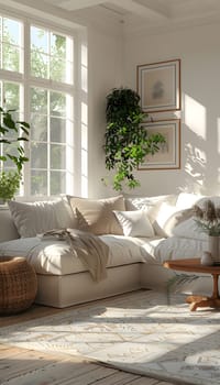 A living room with hardwood flooring, a comfortable couch, a coffee table, and plenty of windows providing natural light and views of green plants outside