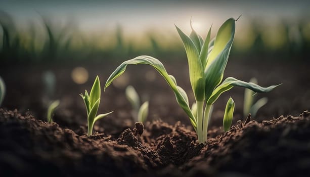 Fresh green corn sprouts in the spring on the field. Generative AI,