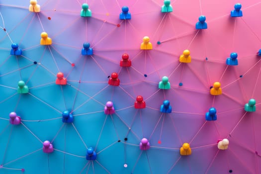 A colorful image of people connected by strings. The people are of different colors and sizes, and they are all connected to each other. Concept of community and togetherness