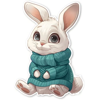 A Rabbit with white fur is sporting a stylish blue sweater and scarf, showcasing its adorable whiskers and long ears. A cute portrayal of a fictional character in art