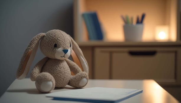 table with a plush toy hare in the baby room. Generative AI,