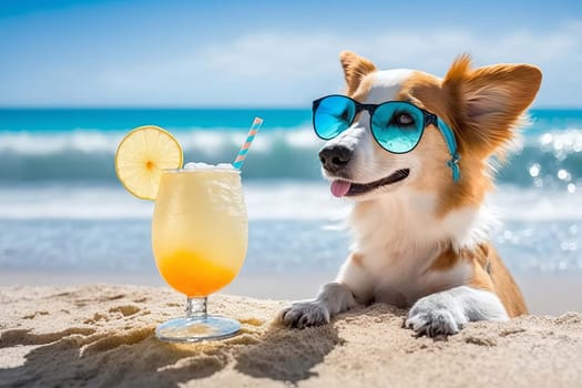 Dog on the beach with a cocktail. Generative AI,