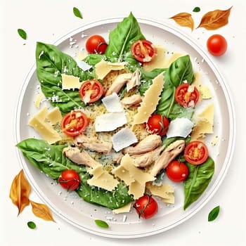 Caesar salad with chicken on a plate isolate on a white background. Generative AI,