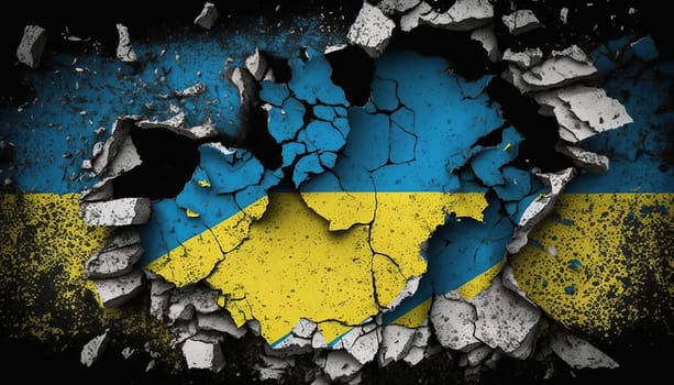 Ukrainian flag in pieces of rubble, Damaged, Worn, Distressed, Ukraine flag war texture. Generativek AI,