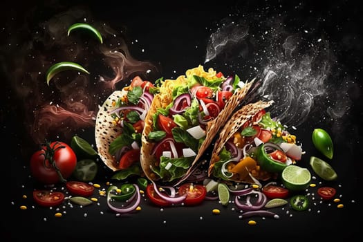 tacos from Mexico with salsa, veggies, and meat. Generative AI,