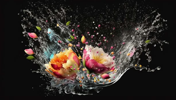 Flowers splash beautiful postcard or place for a subject. Generative AI,