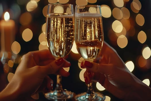 Two women are holding up champagne glasses, toasting to a special occasion. The scene is set in a dimly lit room with a Christmas tree in the background. The women are smiling