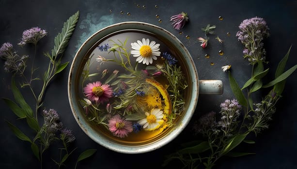 Tea with herbs and flowers in a cup top view. Generative AI,