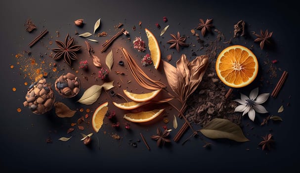 tea leaves dried berries and dried fruits, orange peel, cinnamon, star anise. Generative AI,