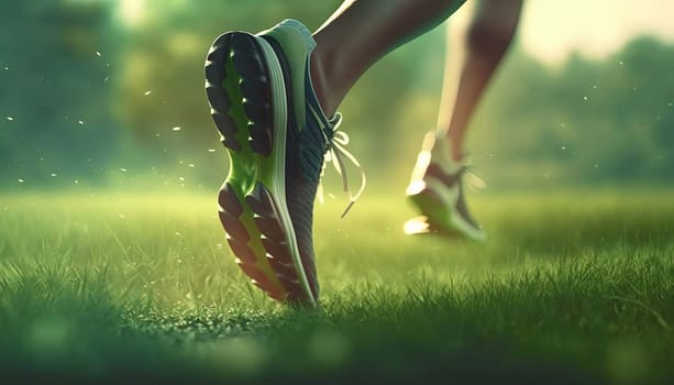 Close-up at the feet of a woman running in sneakers. Generative AI,
