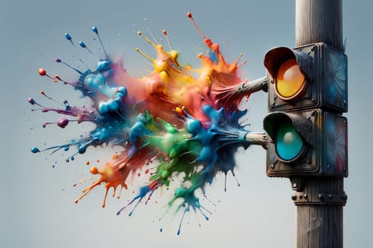 bright multi-colored traffic light on a pole .