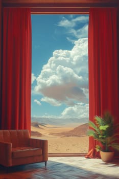 A red curtain is drawn open to reveal a view of a desert landscape with a large cloud in the sky. A chair and a potted plant are also visible in the room. Concept of solitude and tranquility