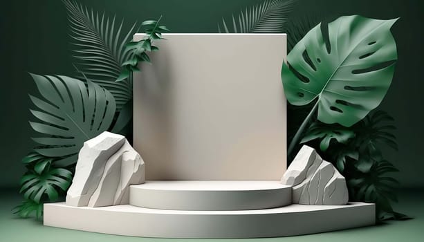 A modern white stand for shooting objects with a backdrop of stone and tropical leaves. Generative AI,