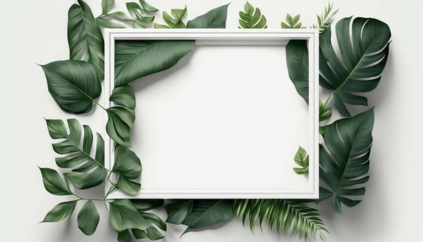 Minimalistic green rectangular frame on a white background with green leaves. Generative AI,