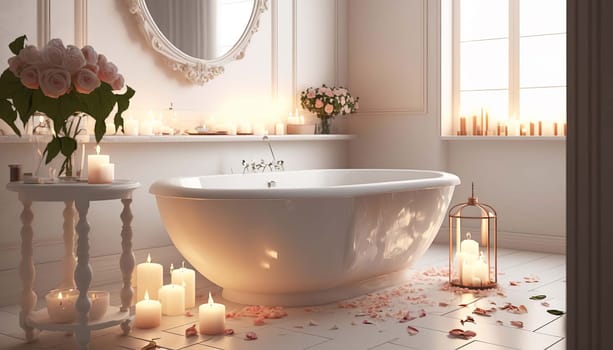 Elegant white bathroom interior with romantic atmosphere, burning candles and rose petals. Generative AI,