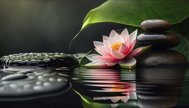 zen stones on a background of water and bamboo and lotus flowers. Generative AI,