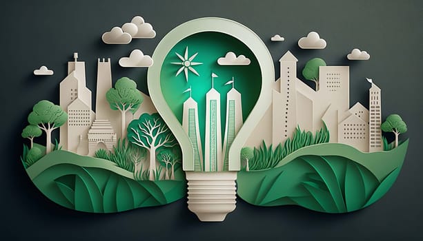 Paper cut light bulb with green eco city, city of future nature energy. Generative AI,