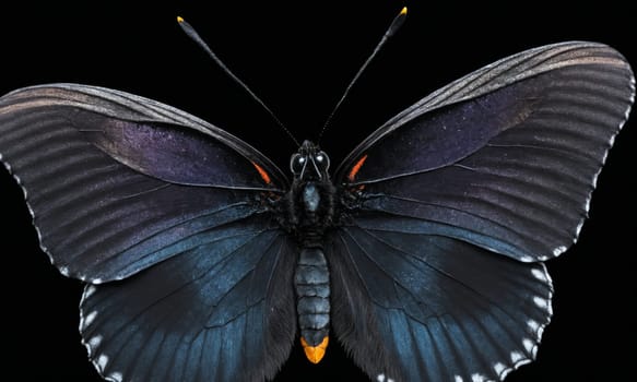 An electric blue and orange butterfly, a pollinator arthropod organism, is perched on a black background. The symmetry of its wings stands out in this macro photography shot