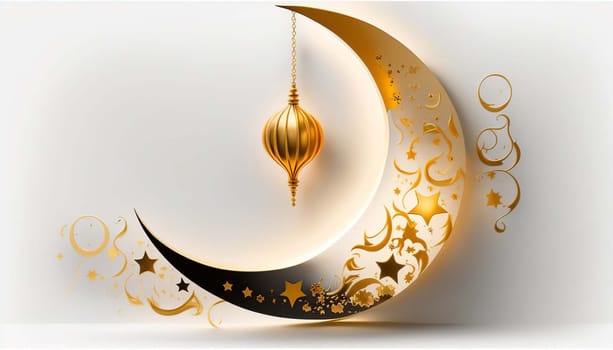 Luminaire in the shape of a golden crescent and an Arabic pendant lamp for the Islamic holiday of Ramadan. Generative AI,