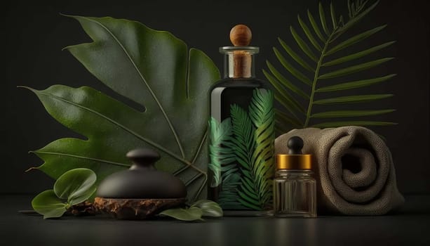 skin care spa set, decoration, candle and towels, oil bottle and green leaves and blossoms. Generative AI,