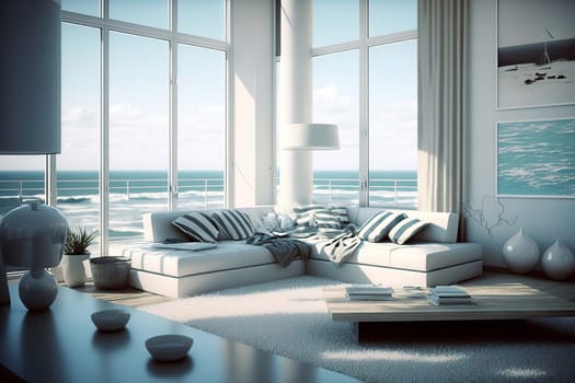 The apartment has a beautiful interior with a sea view. Generative AI,