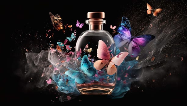 Perfume with floral aroma burst butterflies Generative AI,