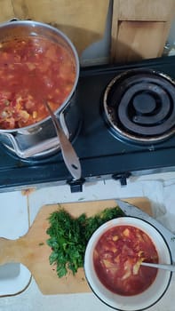 red borscht soup with parsley, food lunch cooking. High quality photo