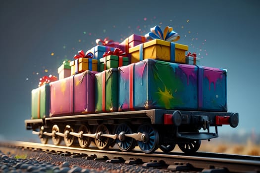 a bright colorful train travels with New Year's gifts .