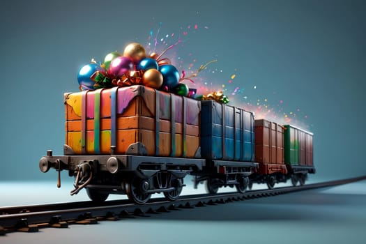 a bright colorful train travels with New Year's gifts .